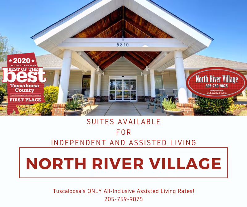 Front entrance of North River Village senior living facility with a gabled portico, white columns, and benches.