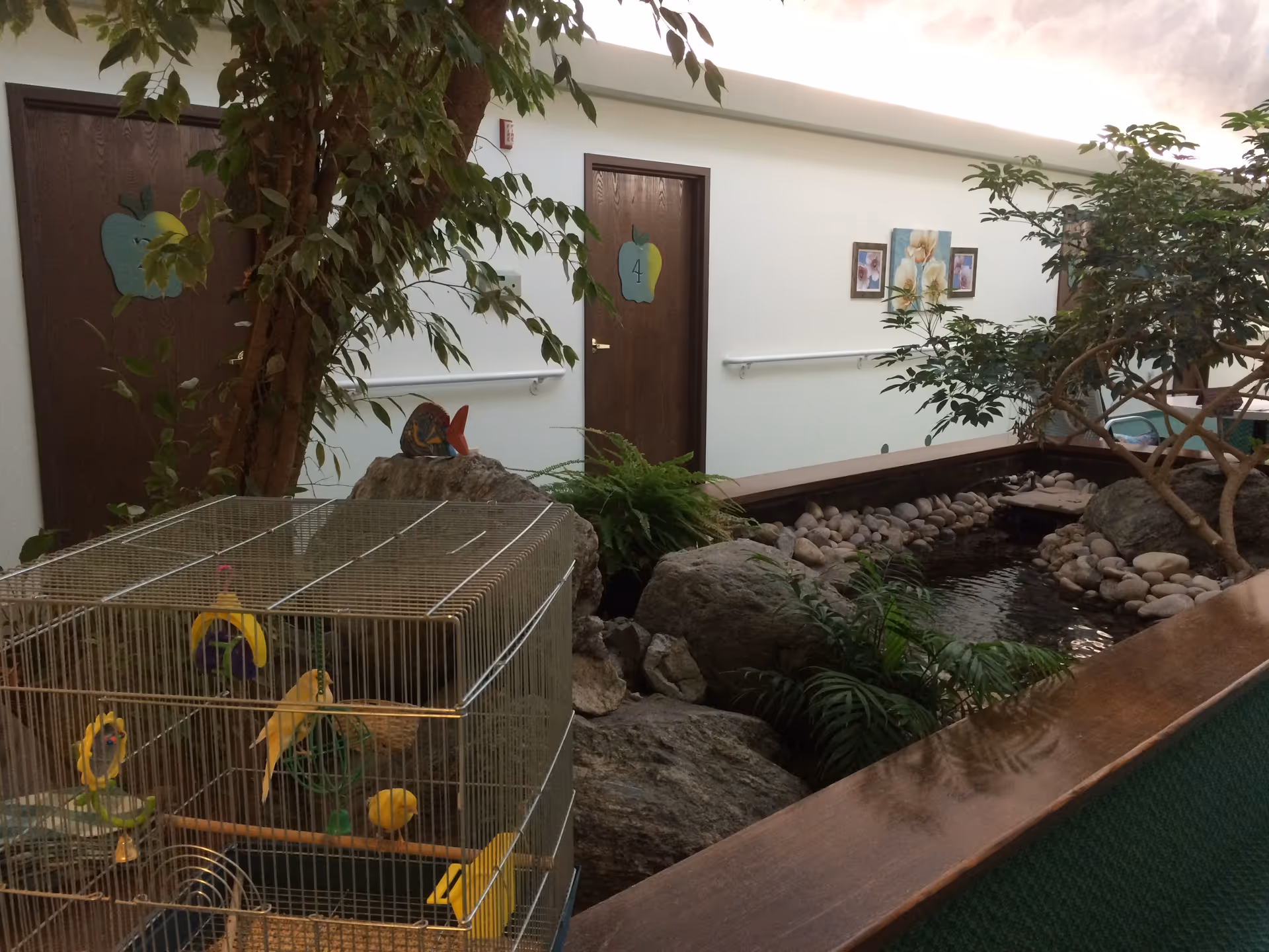 Indoor atrium hallway with a small pond surrounded by rocks and plants, a birdcage with yellow birds, and doors decorated with apple cutouts.