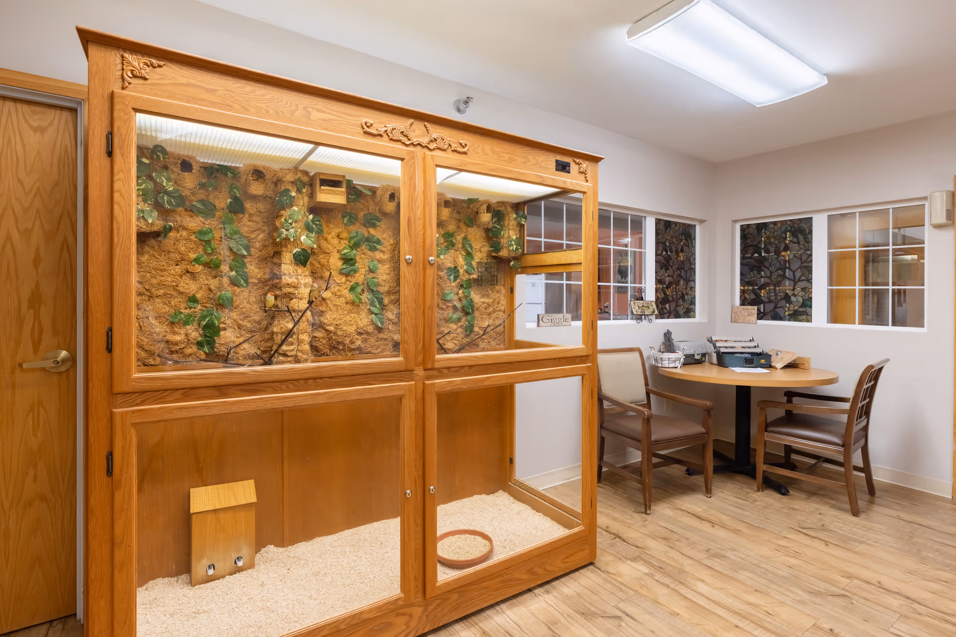 A room with a large wooden enclosure filled with wood shavings and decorated with green vines on the back wall. Next to the enclosure is a round table with two chairs, a typewriter, and some papers. The room has light-colored walls, wooden flooring, and three windows with stained glass designs.