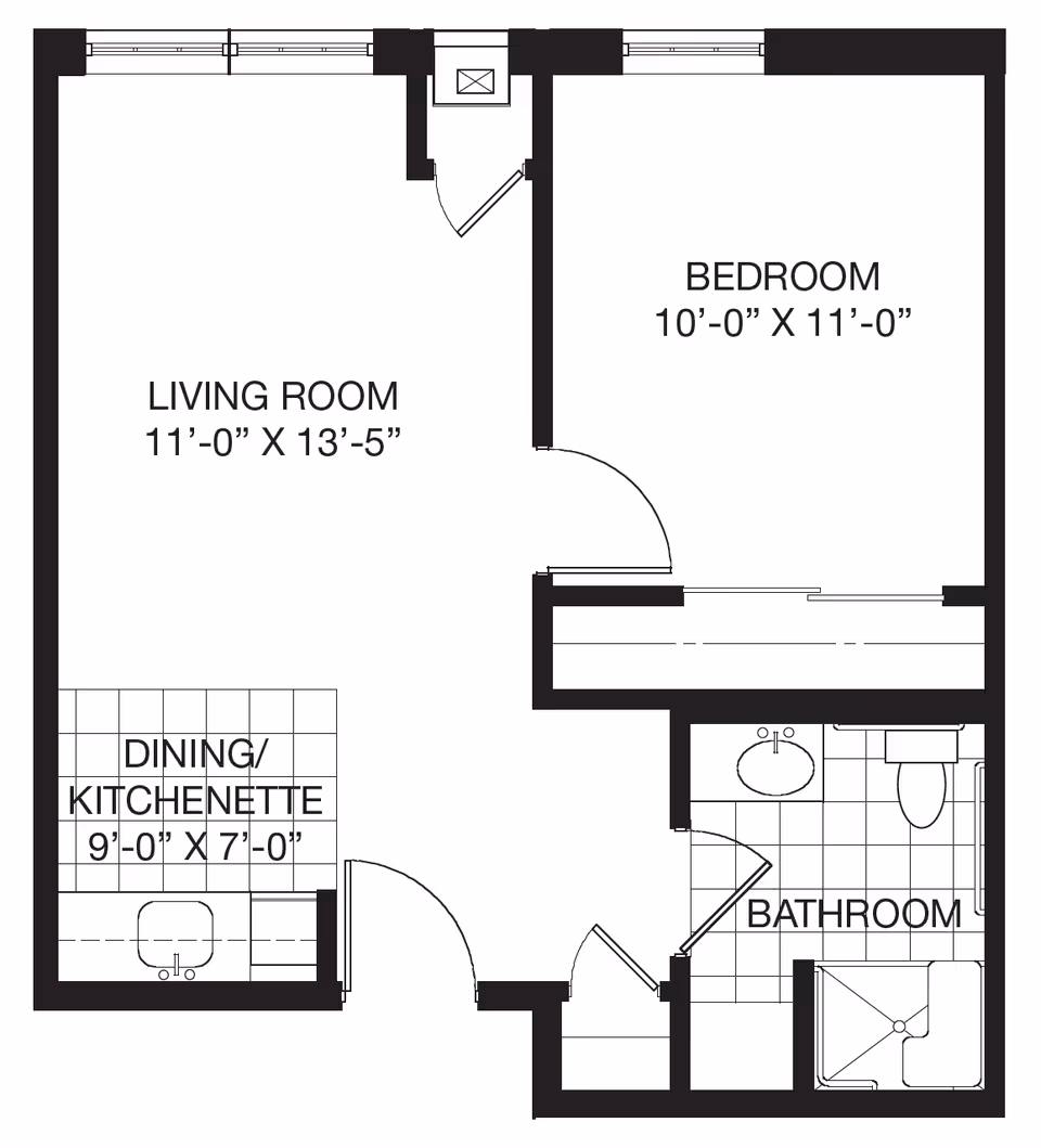 Architectural floor plan of a living space at John M. Evans Supportive Living Community showing a living room measuring 11 feet by 13 feet 5 inches, a bedroom measuring 10 feet by 11 feet, a dining/kitchenette area measuring 9 feet by 7 feet, and a bathroom with a sink, toilet, and shower.