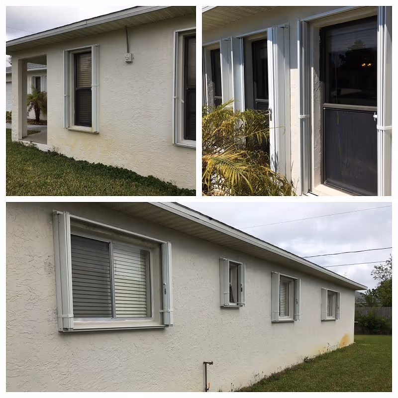 Collage of three images showing the exterior walls of a single-story building with beige stucco finish and white window shutters. The building is surrounded by grass and some plants, with windows featuring blinds and screens. The sky is partly cloudy.