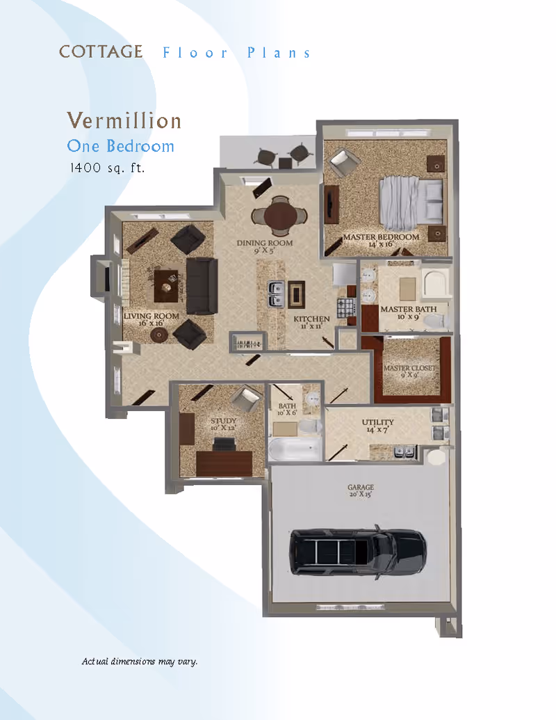 Floor plan of a one-bedroom cottage named Vermillion with 1400 sq. ft. It includes a living room, dining room, kitchen, master bedroom with master bath and closet, study, additional bath, utility room, and a garage with a parked car.