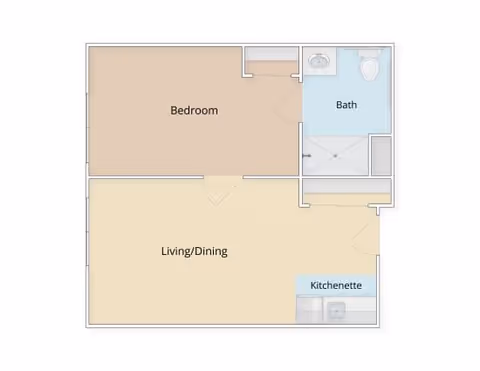 Simple one-bedroom floor plan showing a bedroom, living/dining area, kitchenette and a bathroom.