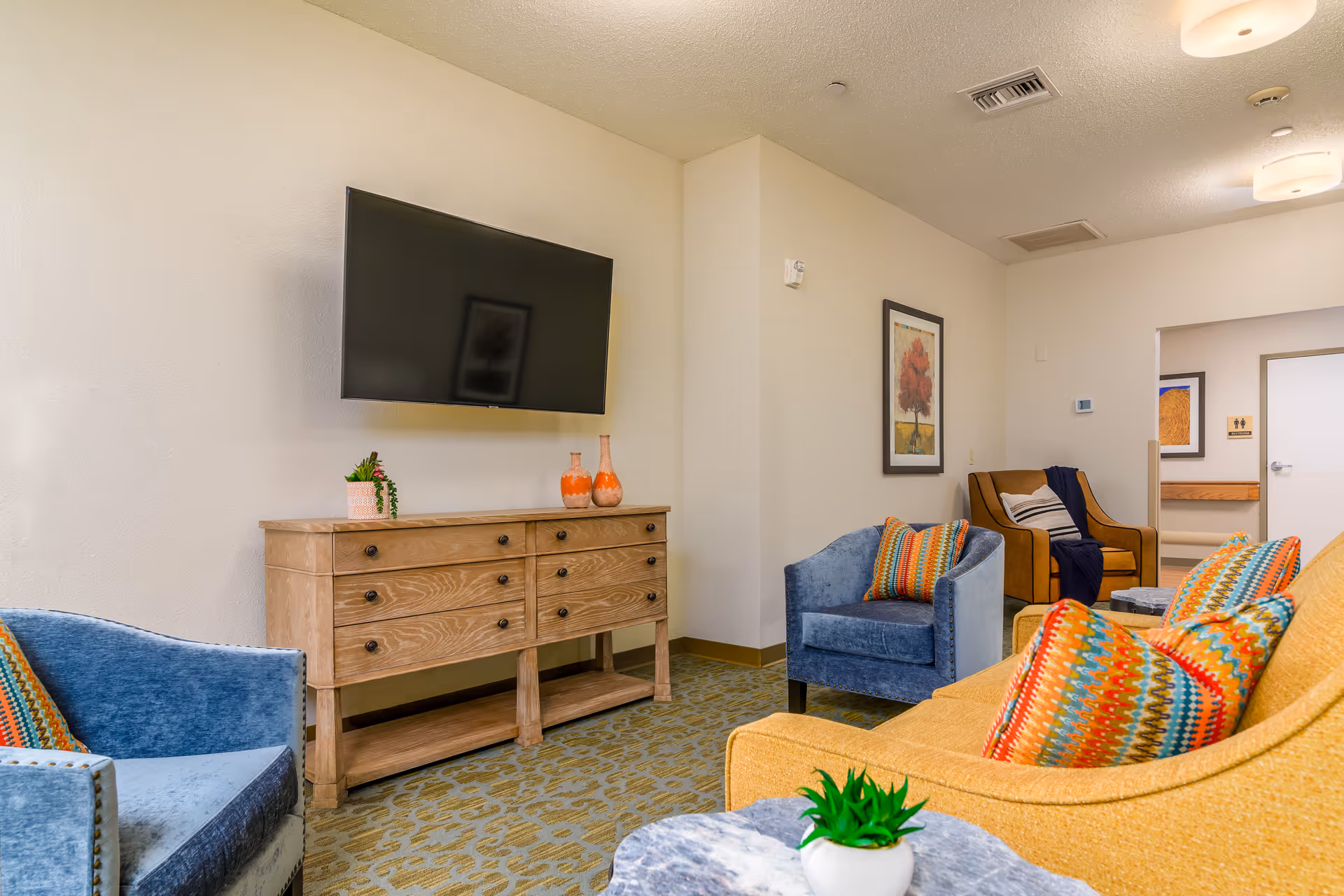 Comfortable nursing home lounge with colorful upholstered chairs and a sofa arranged around a wall-mounted TV above a wooden console.