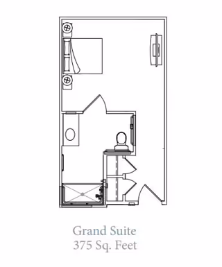 Architectural floor plan of a Grand Suite measuring 375 square feet, showing a bedroom area with a bed and two nightstands, a bathroom with a toilet, sink, and shower, and an entry door.