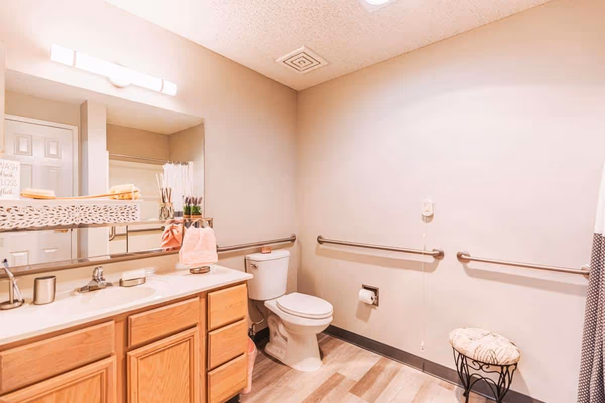 A clean and accessible bathroom with light wood cabinetry, a white countertop with a sink, a large mirror above the sink, a toilet with grab bars on the walls, a small cushioned stool, and a shower curtain visible on the right side.