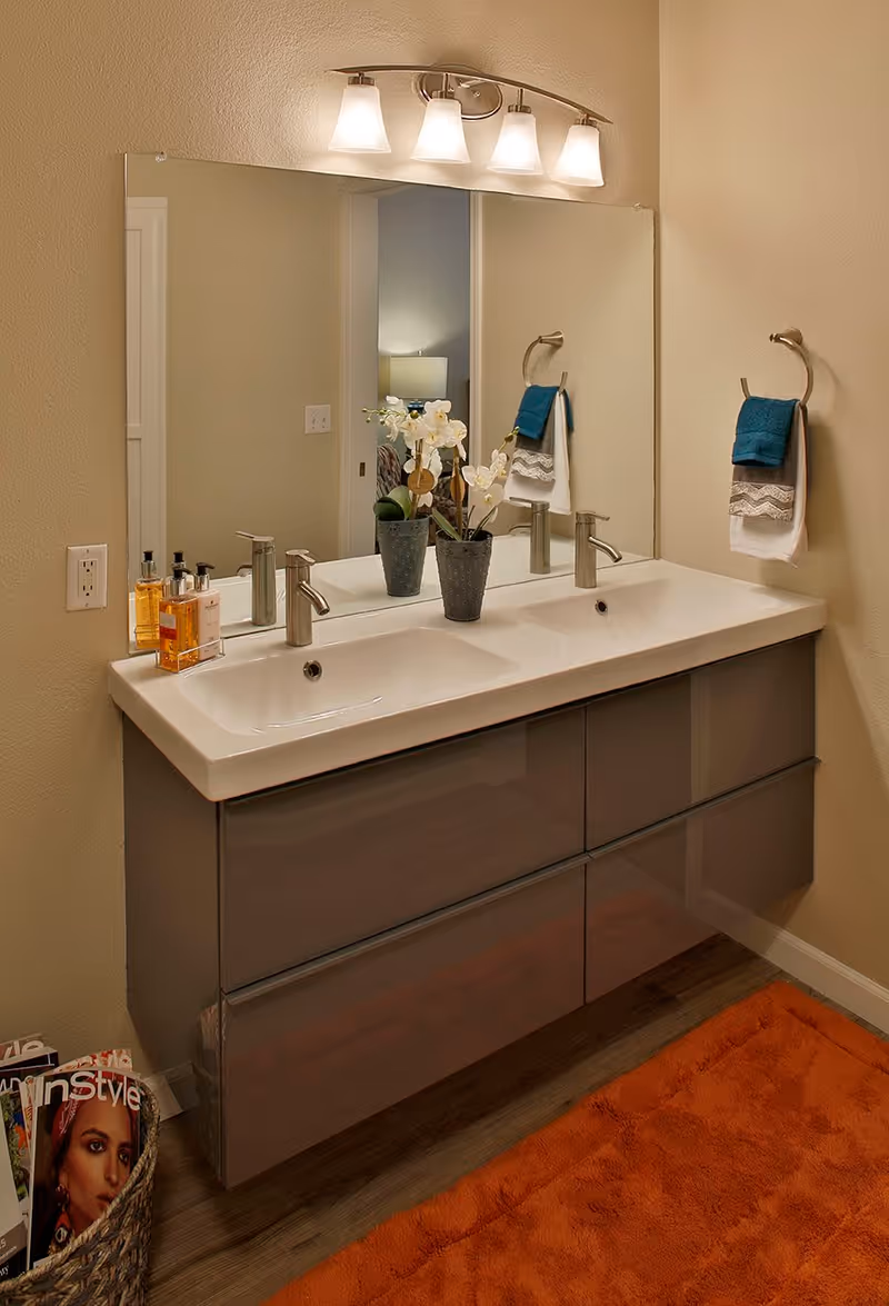 Modern bathroom with a double sink vanity featuring two faucets, a large mirror with four light fixtures above, a potted orchid plant on the counter, hand soap dispensers, a towel ring with two folded towels, a basket with magazines on the floor, and an orange bath mat.