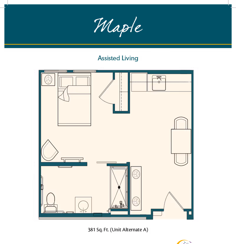 Floor plan labeled "Maple" showing an assisted living studio apartment with a bed, bathroom with shower and toilet, kitchenette and dining area.