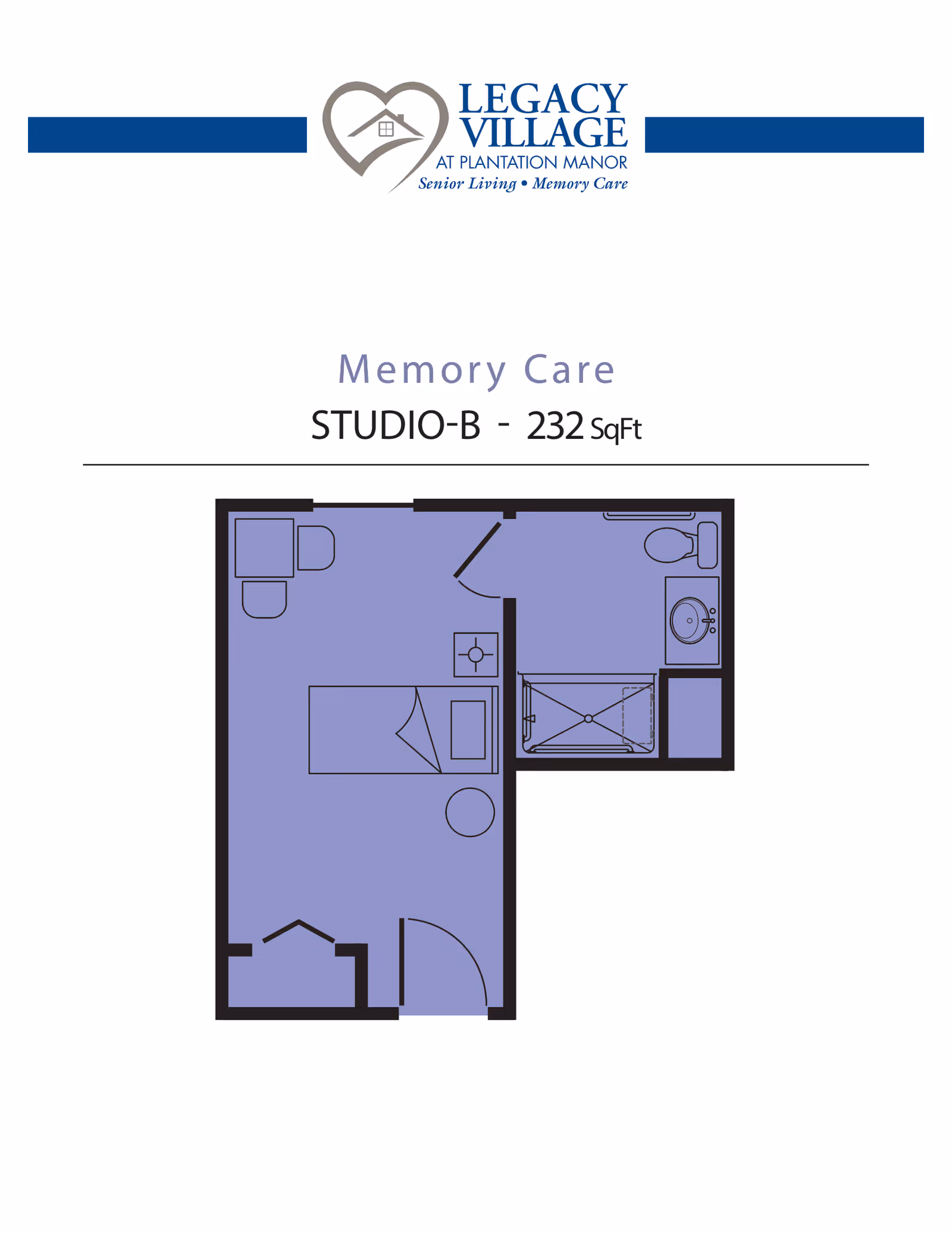 Floor plan for a Memory Care Studio-B unit at Legacy Village at Plantation Manor, showing a 232 square feet layout with a combined living and sleeping area, a bathroom with a toilet, sink, and shower, and a small closet near the entrance.