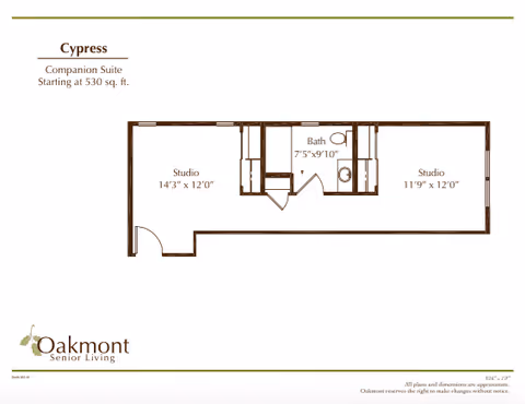 Floor plan of the Cypress companion suite at Oakmont Senior Living, showing two studio rooms and a central bathroom. The left studio measures 14 feet 3 inches by 12 feet, the right studio measures 11 feet 9 inches by 12 feet, and the bathroom measures 7 feet 5 inches by 9 feet 10 inches. The layout includes doors and closets, with the entrance on the left side.