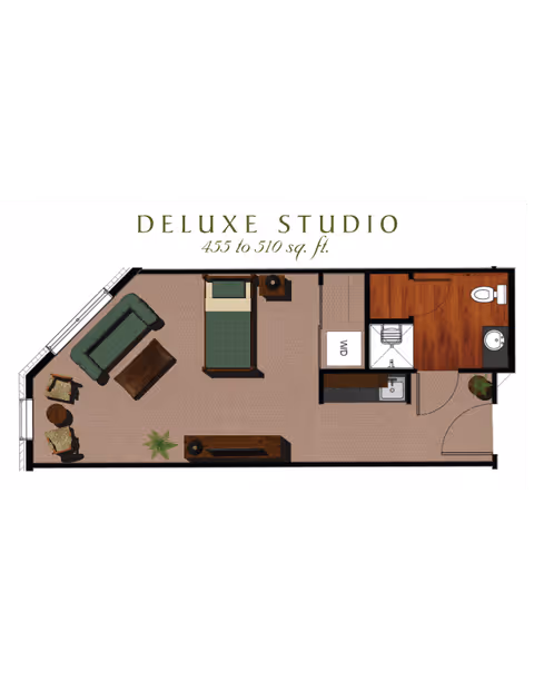 Floor plan of a deluxe studio apartment measuring 455 to 510 square feet, featuring a living area with a sofa, two chairs, a coffee table, a bed, a nightstand, a bathroom with a toilet and sink, a small kitchen area with a sink, and a washer/dryer unit.