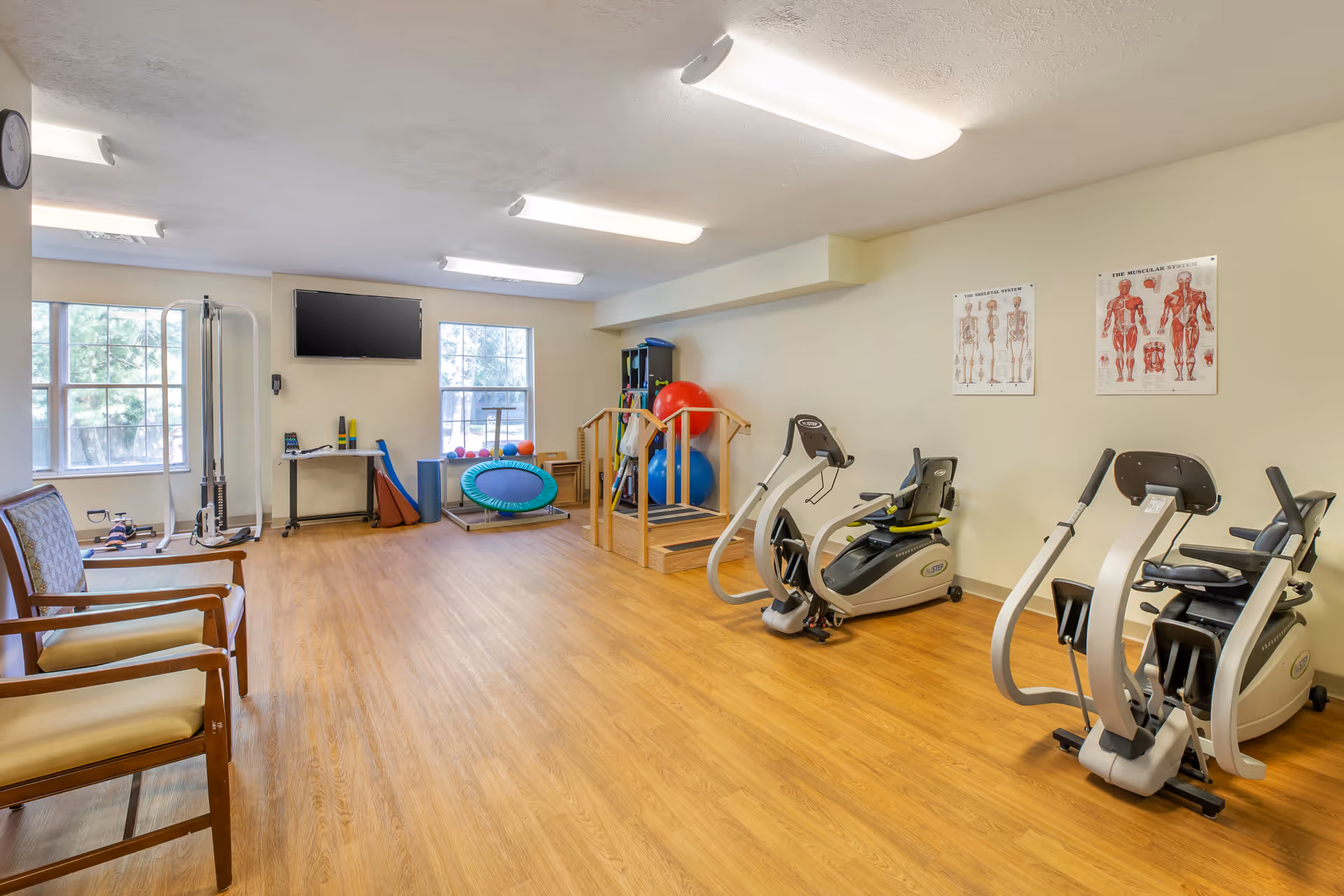 A bright exercise room with wooden flooring featuring two seated exercise machines, a small wooden ramp with handrails, various exercise balls, a mini trampoline, and a TV mounted on the wall. There are two chairs on the left side near large windows letting in natural light, and anatomical posters of the skeletal and muscular systems on the right wall.