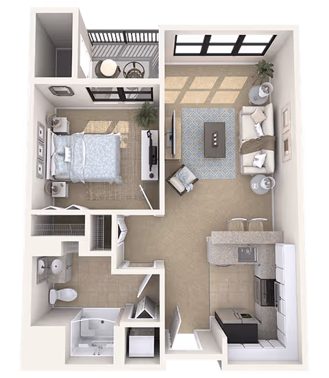 3D floor plan of a one-bedroom apartment featuring a bedroom with a bed, nightstands, and a TV. The living room has a sofa, armchair, coffee table, and TV stand. The kitchen includes a refrigerator, stove, sink, and counter with two bar stools. There is a bathroom with a toilet, sink, and bathtub. A small balcony with outdoor seating is accessible from the bedroom.