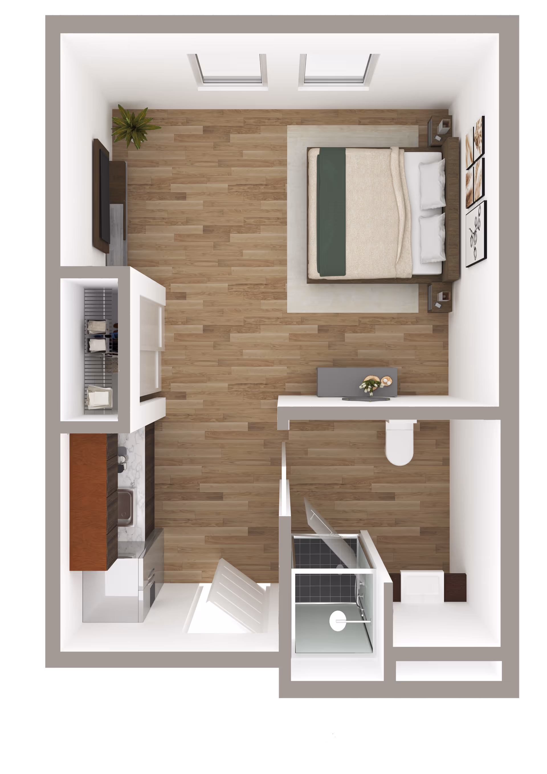 Top-down view of a studio apartment floor plan featuring a bedroom area with a bed, two nightstands, and wall art. The living area includes a TV mounted on the wall and a plant. There is a kitchenette with cabinets, a sink, and appliances. The bathroom has a shower, toilet, and sink. The flooring is wood throughout the main area and tile in the bathroom.