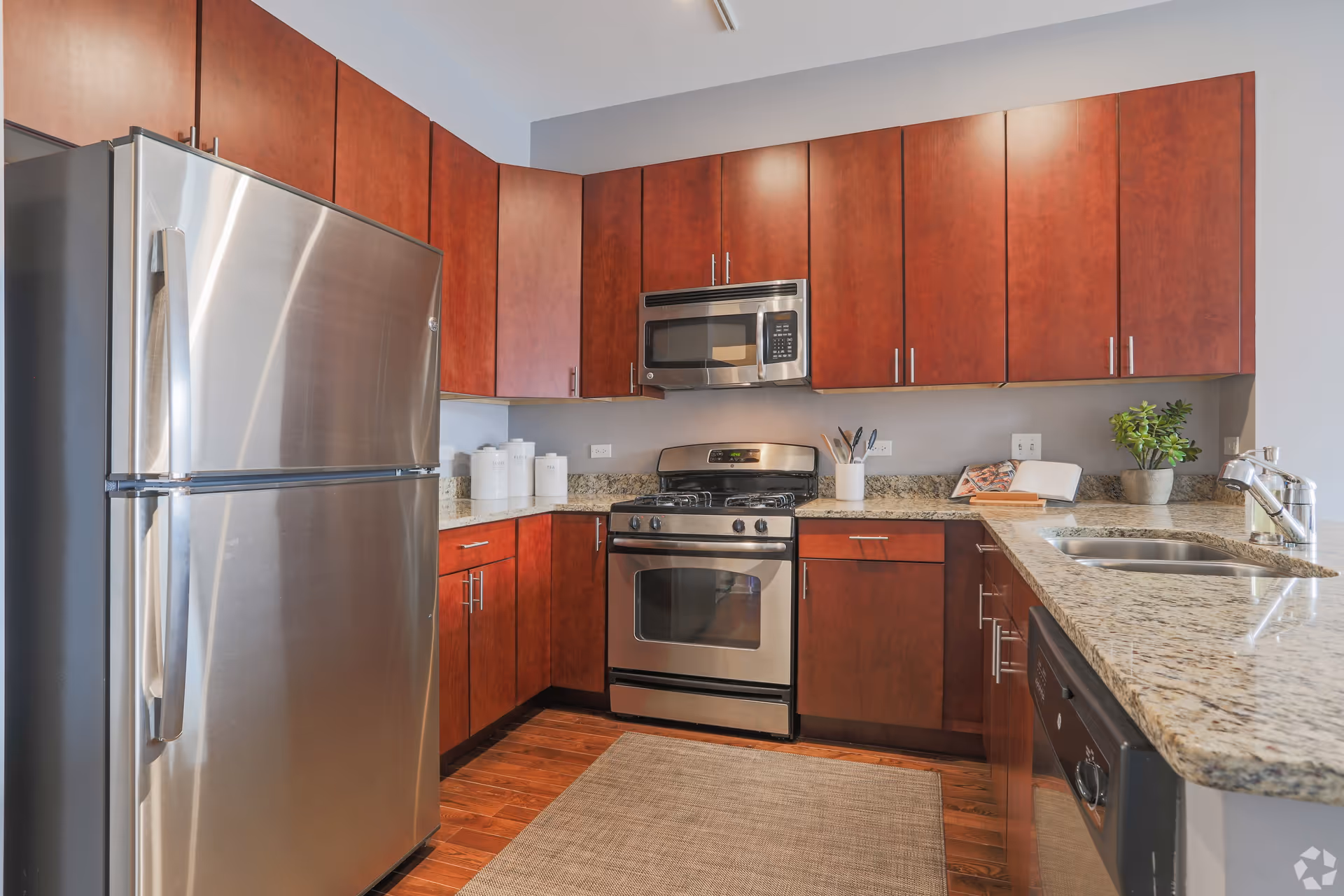 Modern kitchen with stainless steel refrigerator, oven, microwave, and dishwasher. The kitchen features wooden cabinets, granite countertops, a sink with a faucet, and a small plant and utensil holder on the counter. A beige rug is placed on the wooden floor.