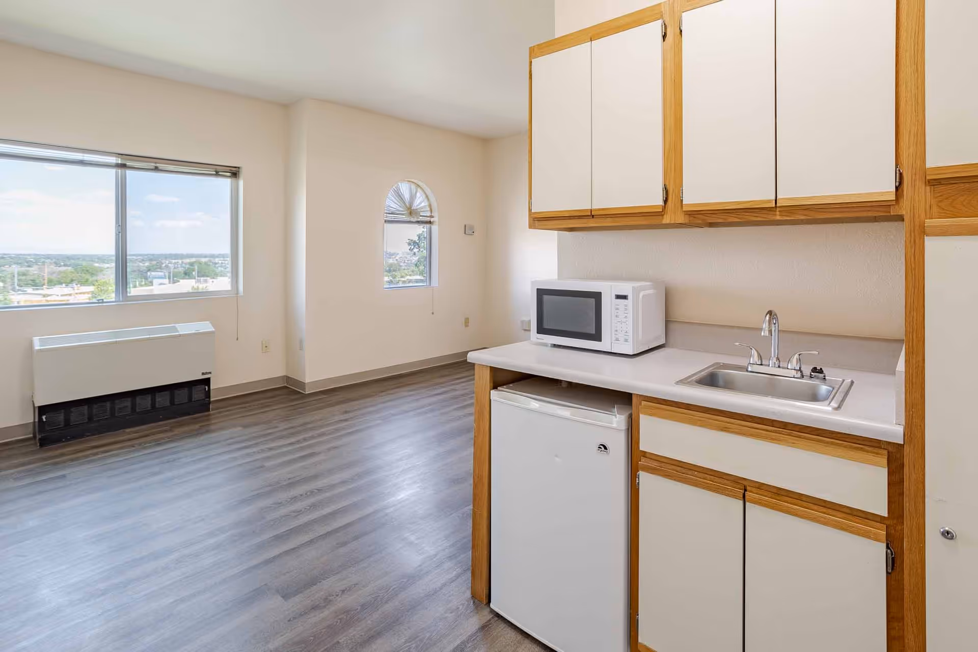 A small kitchenette area with wooden cabinets, a white countertop, a microwave, a small refrigerator, and a sink. The room has light-colored walls, large windows letting in natural light, and wood-look flooring.