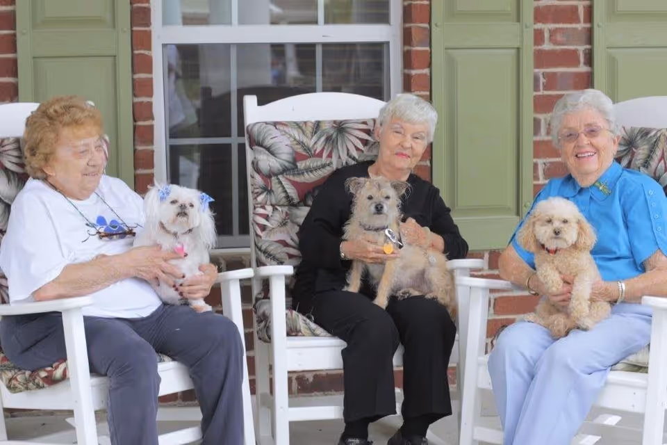 Three elderly women sitting on white rocking chairs on a porch, each holding a small dog. The porch has a brick wall with green shutters and a window behind them.