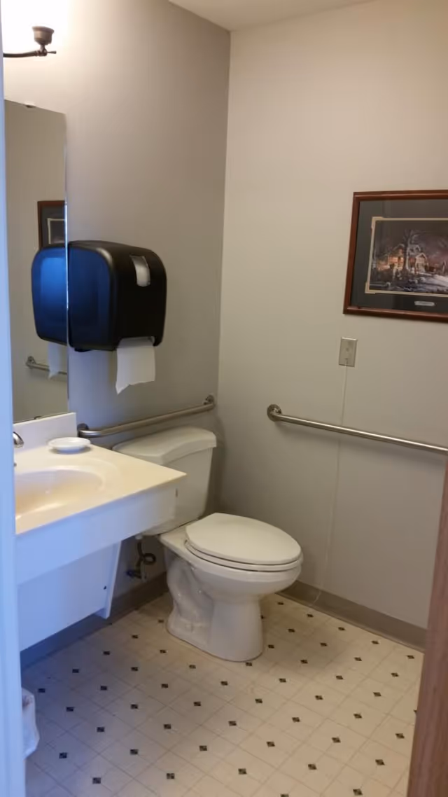 A clean, accessible bathroom with a white toilet, a white sink with a soap dish, a large mirror, and a black paper towel dispenser mounted on the wall. There are metal grab bars on the walls near the toilet and sink. The floor has a white tile pattern with small black diamond shapes. A framed picture hangs on the wall above the grab bar.