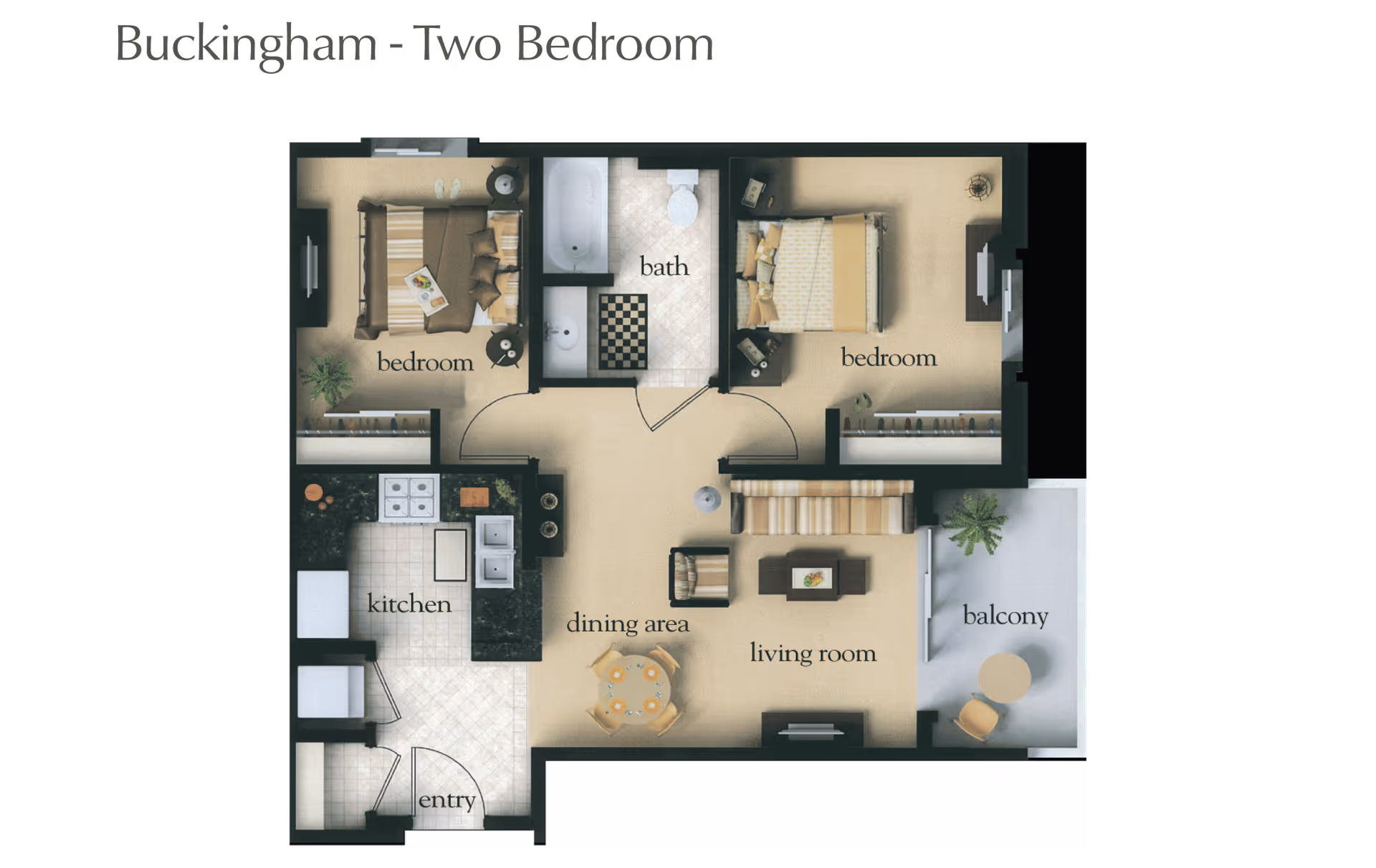 Floor plan of Buckingham two-bedroom apartment showing entry, kitchen, dining area, living room, balcony, two bedrooms, and one bathroom.