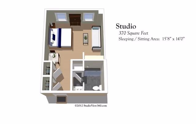 3D floor plan of a studio apartment measuring 370 square feet with a sleeping and sitting area of 15 feet 8 inches by 14 feet. The layout includes a bed, a dresser, a sofa, a small table with a plant, a bathroom with a toilet and shower, and closet space near the entrance.