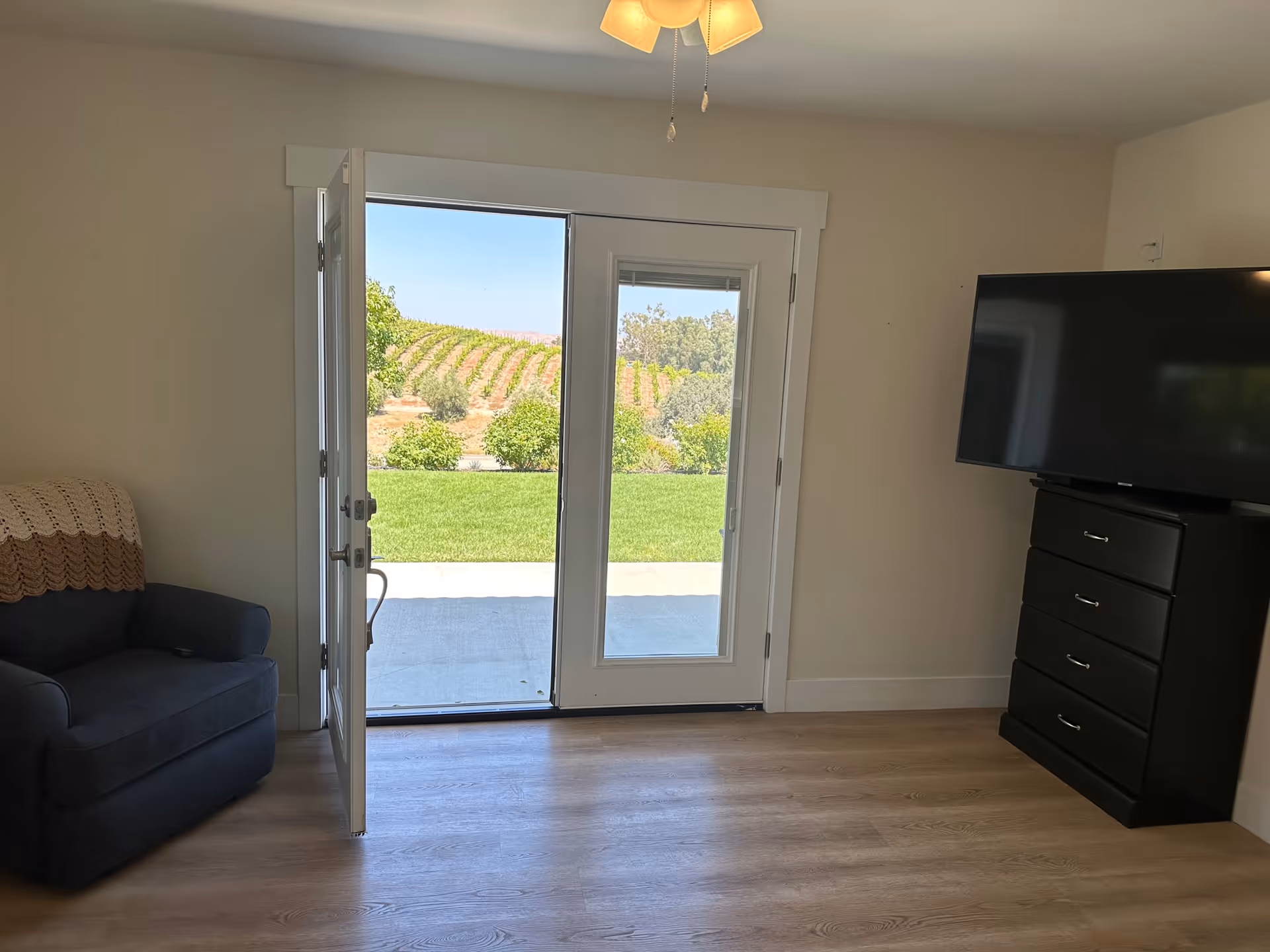 A cozy living room with a dark blue armchair draped with a crocheted blanket on the left, a large flat-screen TV on a black dresser on the right, and a glass door open to a patio with a view of a green lawn and vineyard in the background.