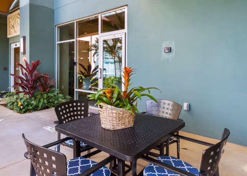 Outdoor patio area with a black metal table and four chairs with blue and white patterned cushions. A woven basket with green and orange plants is placed on the table. The patio is adjacent to a building with large glass doors and windows, and there are various plants along the building wall.