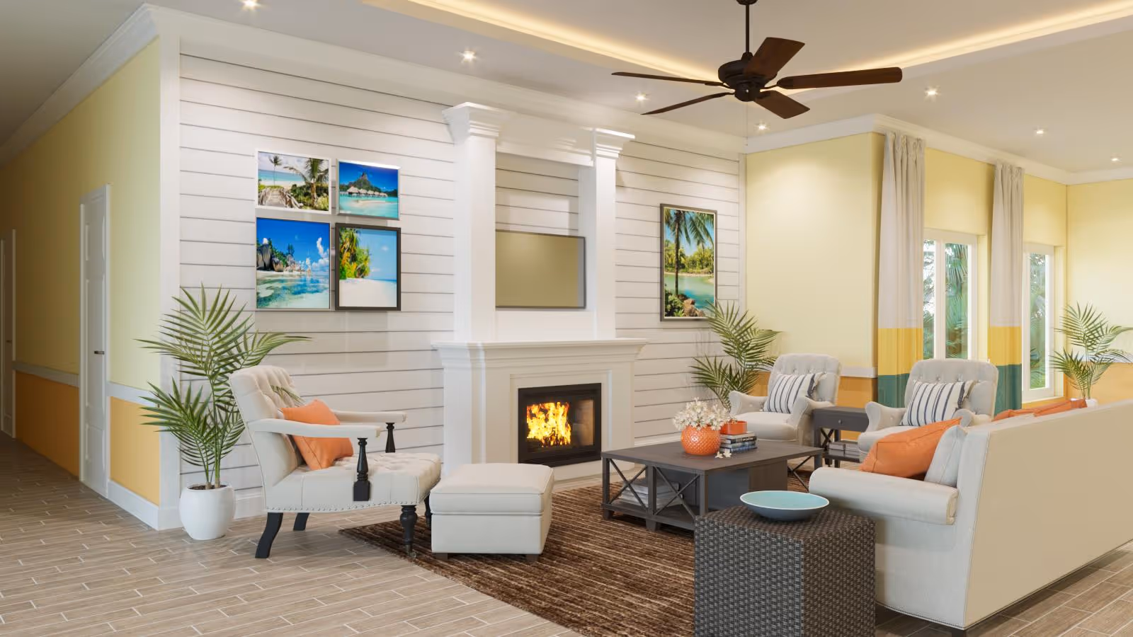 Bright coastal-style living room with a fireplace, sofas and armchairs arranged around a coffee table, potted plants, and wall art.