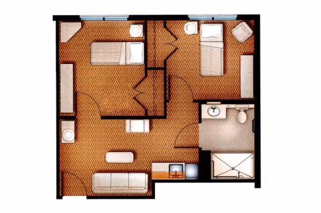Colored top-down floor plan of an assisted living apartment with two bedrooms, a living area, kitchenette, and one bathroom.