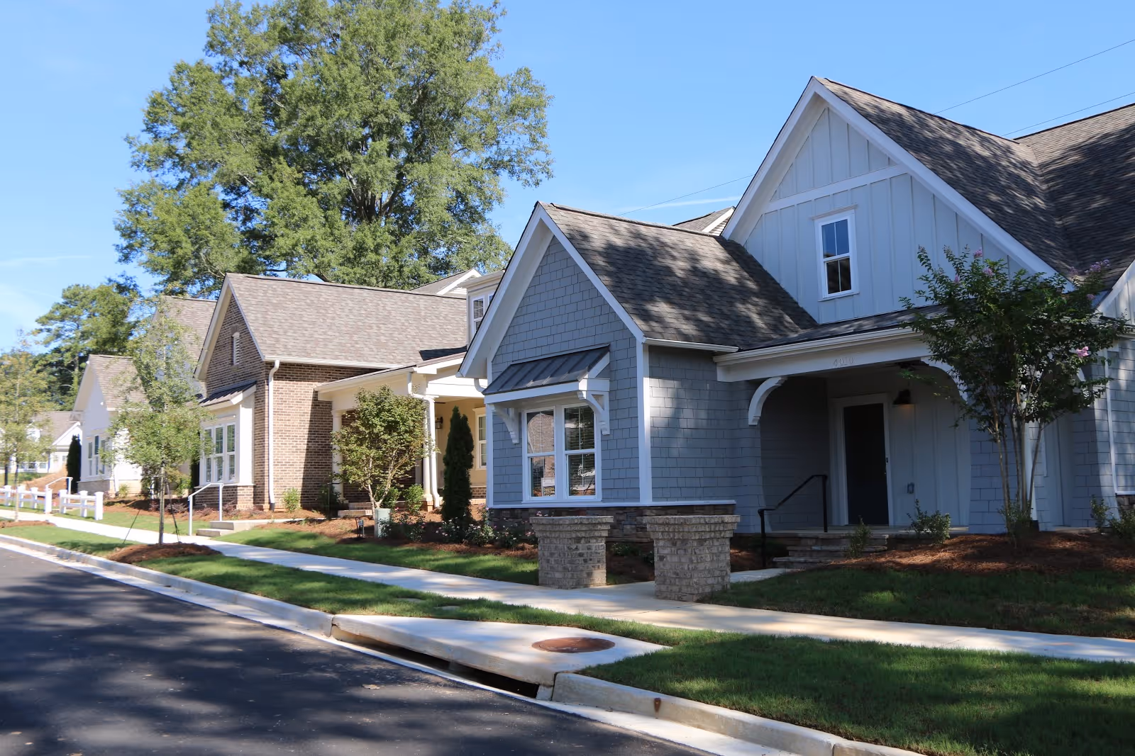 Street view of a row of single-story houses with pitched roofs and well-maintained lawns under a clear blue sky. Trees and shrubs are planted along the sidewalks in front of the houses.