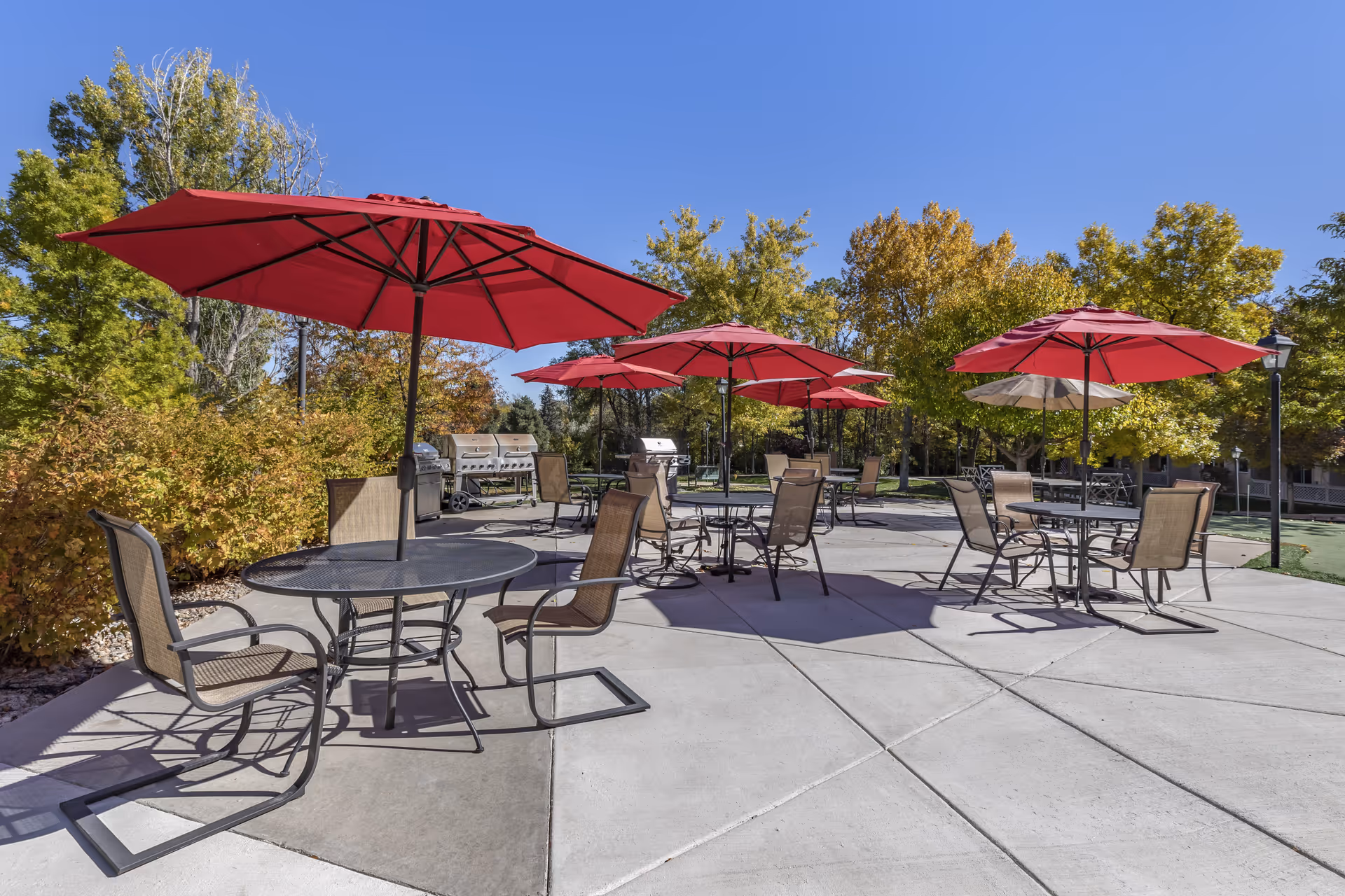 Outdoor patio area with multiple round metal tables and chairs, each table shaded by a large red umbrella. The patio is surrounded by trees with green and autumn-colored leaves under a clear blue sky.