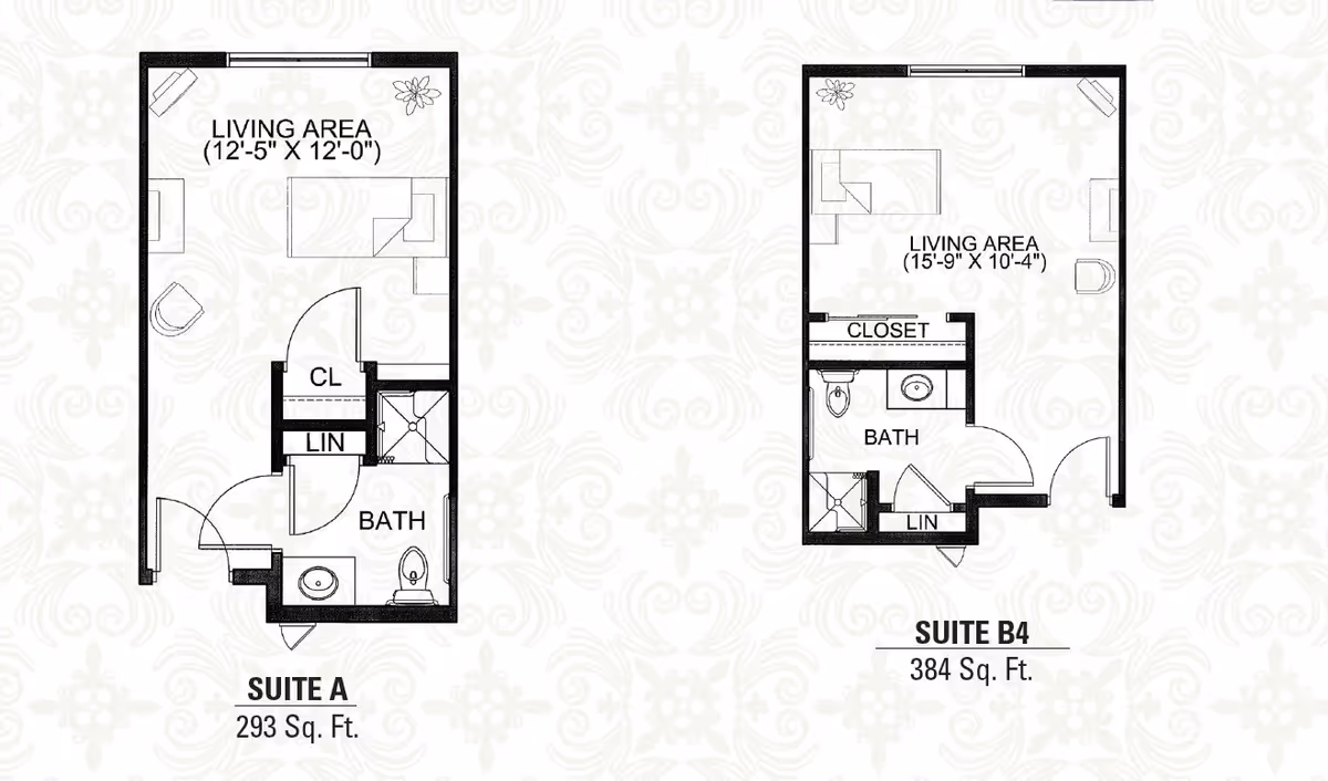 Floor plans for two senior living suites at Heritage Senior Campus. Suite A is 293 square feet with a living area, closet, linen closet, and bathroom. Suite B4 is 384 square feet with a living area, closet, linen closet, and bathroom. Both layouts show furniture placement and room dimensions.
