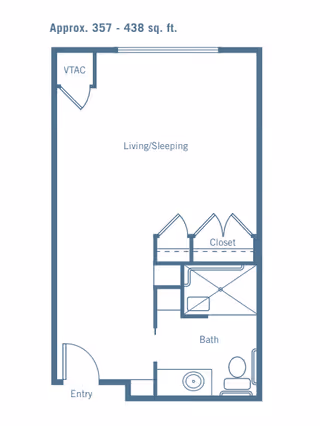 Floor plan of a studio apartment at Merrill Gardens at Rockridge showing an entry area, a combined living and sleeping space, a closet, and a bathroom with a sink, toilet, and shower. The total area is approximately 357 to 438 square feet.