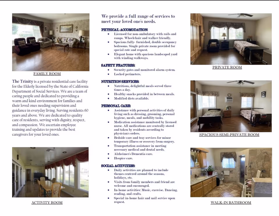 Collage of images and text from The Trinity Care Home brochure showing various rooms and services. Images include a family room with seating and a coffee table, an activity room with a long dining table and chairs by large windows, a private room with a bed and seating, a spacious semi-private room with two beds and windows, and a walk-in bathroom with a shower, toilet, and vanity. The text describes the facility as a private residential care home for elderly licensed by California, listing physical accommodations, safety features, nutrition services, personal care, and social activities offered.