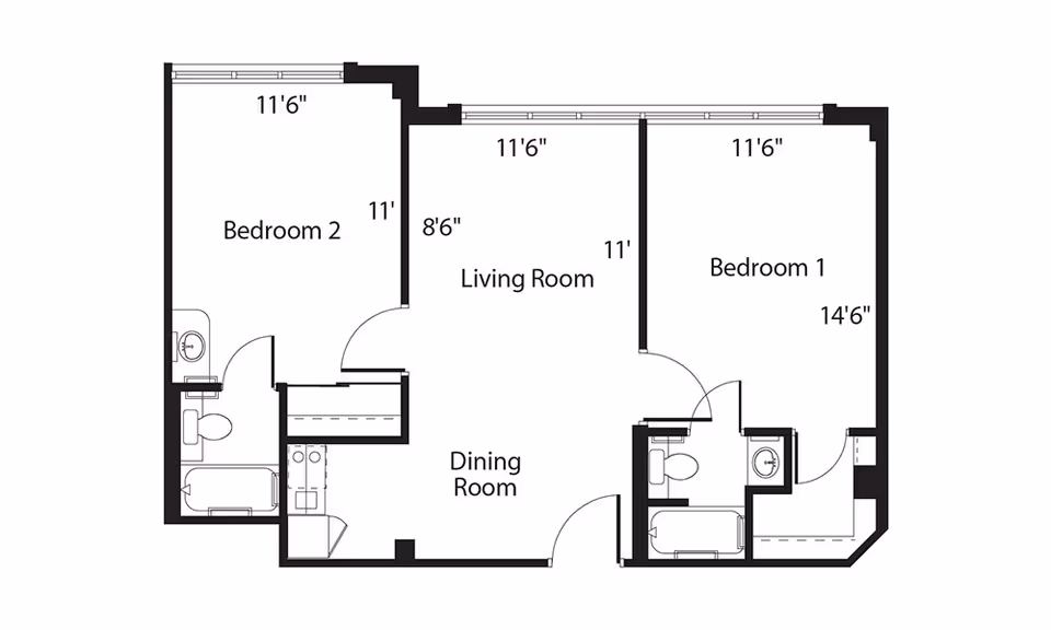 Floor plan of a two-bedroom apartment at Walnut Place showing Bedroom 1, Bedroom 2, Living Room, Dining Room, and two bathrooms with measurements for each room.