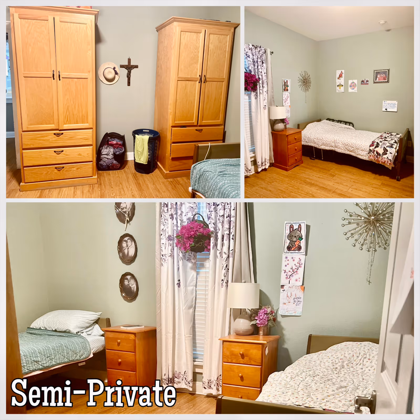 Collage of three images showing a semi-private bedroom in a senior living facility. The room features two single beds with wooden headboards, wooden dressers and nightstands, floral curtains, and personal decorations on the walls including pictures, drawings, and a crucifix. The floor is wooden, and the room has a cozy, home-like atmosphere.
