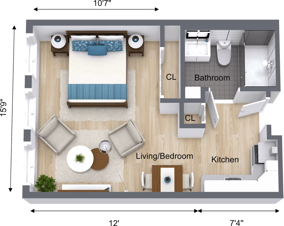 3D floor plan of a small assisted living apartment at Heights Crossing Assisted Living, showing a combined living and bedroom area with a bed, two chairs, a small table, and a dining table with two chairs. The kitchen area includes a countertop, sink, and stove. There is a bathroom with a sink, toilet, and shower. Two closets (CL) are also visible. Dimensions of the rooms are marked around the perimeter.