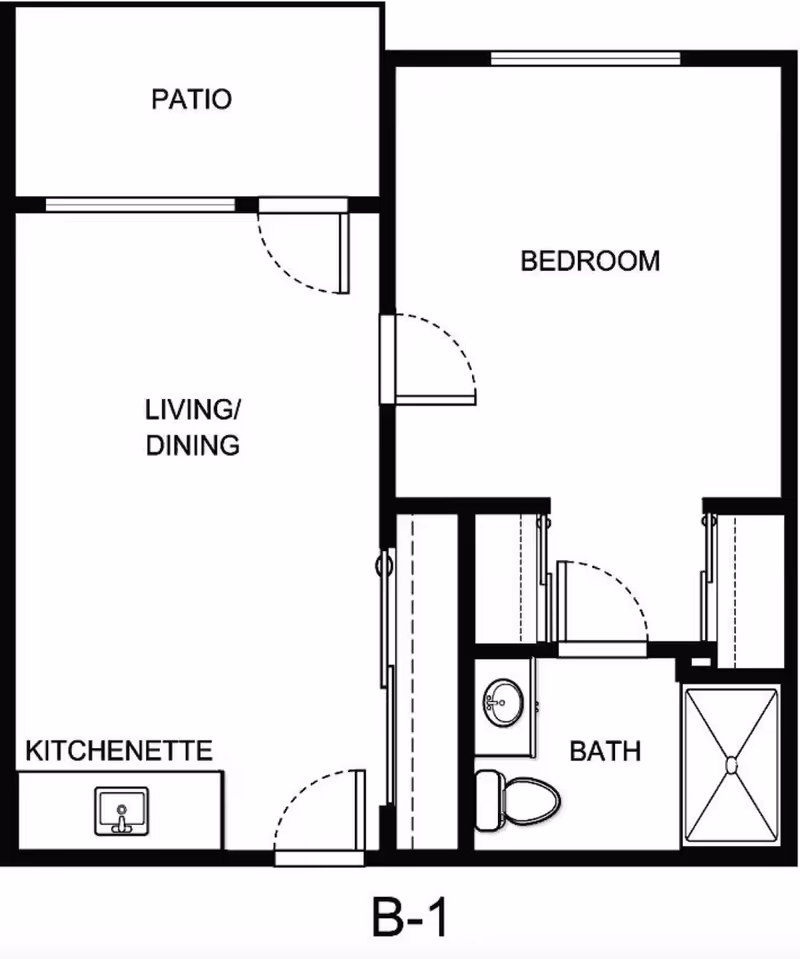 Black-and-white floor plan labeled "B-1" showing a one-bedroom layout with a patio, living/dining area, kitchenette, and bathroom.