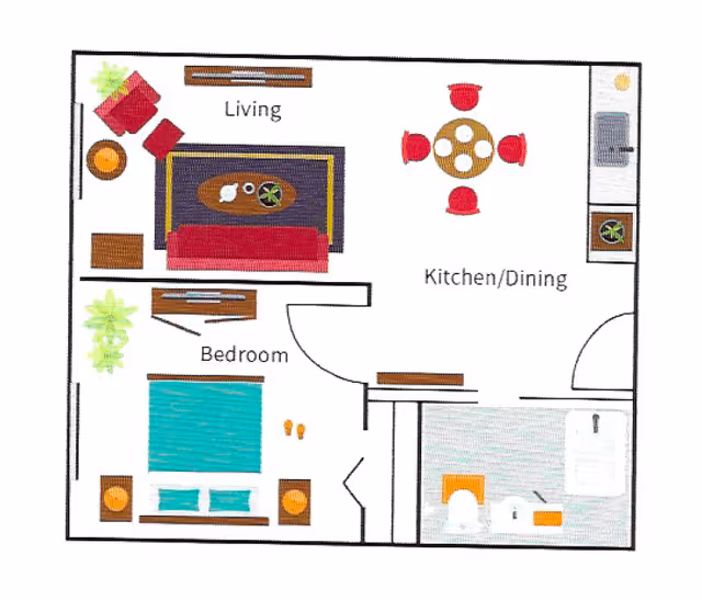 Colorful illustrated one-bedroom apartment floor plan showing a living room, kitchen/dining area, bedroom and bathroom.