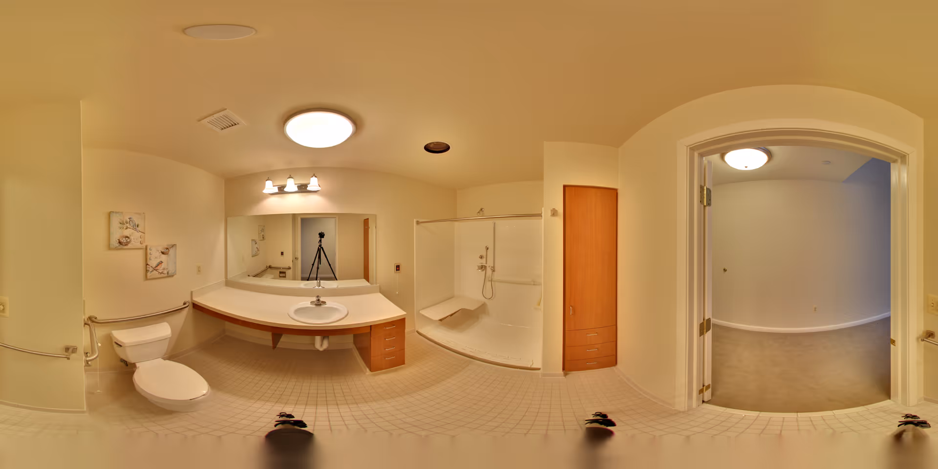 A spacious senior living bathroom with a toilet, a large countertop with a sink, a mirror above the sink, a walk-in shower with a built-in seat, and a wooden cabinet. The bathroom has beige walls and tiled flooring. There is an open doorway leading to an adjacent room with carpeted flooring.
