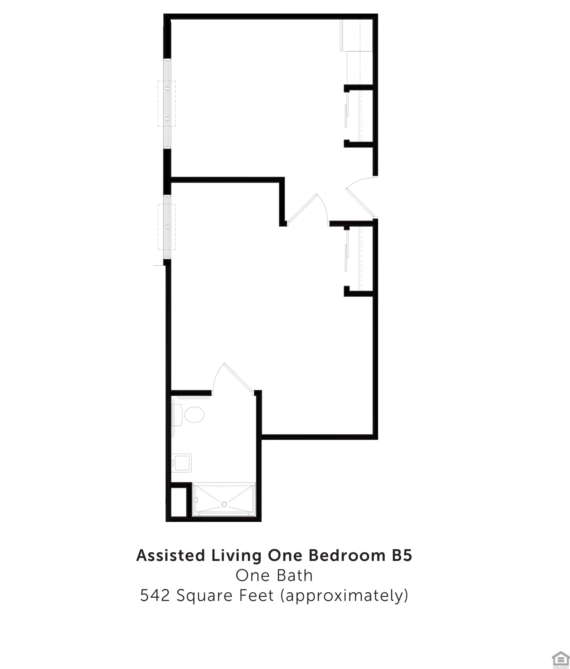 Floor plan layout of an assisted living one bedroom apartment labeled B5, featuring one bathroom and approximately 542 square feet of space.