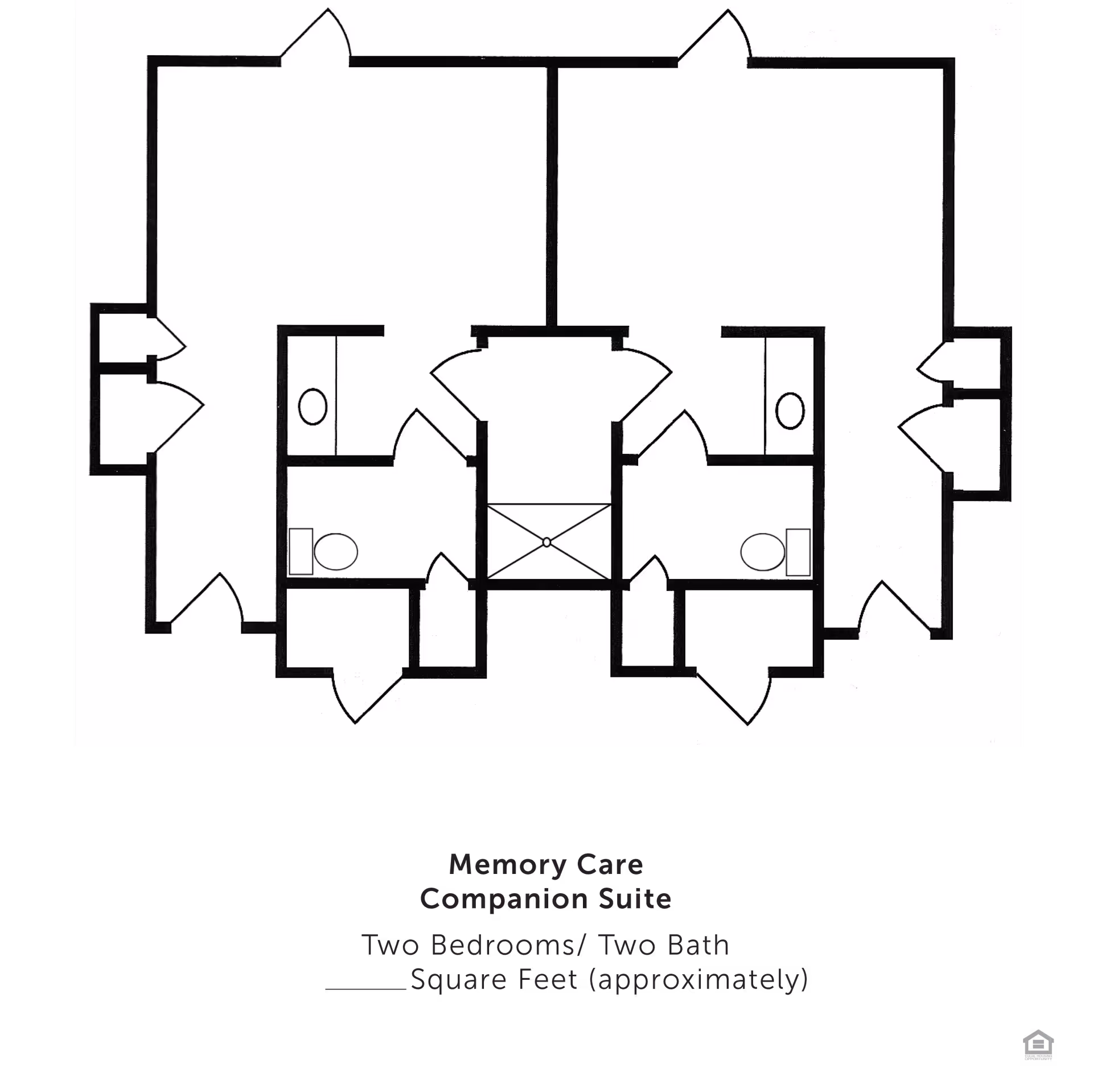 Architectural floor plan of a Memory Care Companion Suite at Deane Hill Place Senior Living, showing two bedrooms and two bathrooms with doors and walls clearly marked.