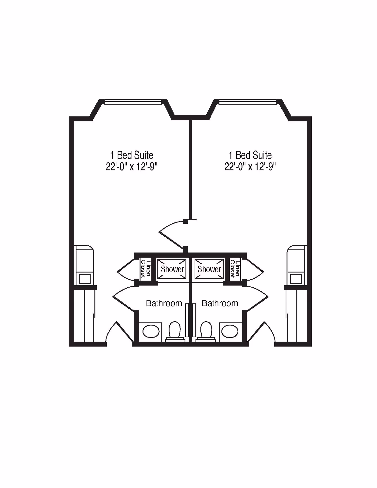 Architectural floor plan showing two adjacent 1 Bed Suites each measuring 22 feet by 12 feet 9 inches. Each suite includes a bathroom with a shower, toilet, sink, and a linen closet.