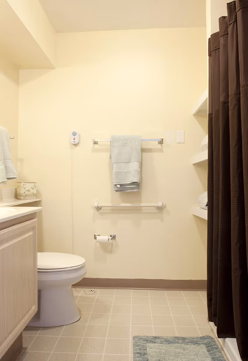 A clean bathroom with a toilet, a towel rack holding a folded towel, a grab bar, a toilet paper holder, a shower with a dark brown curtain, shelves with folded towels, and a light-colored floor mat.
