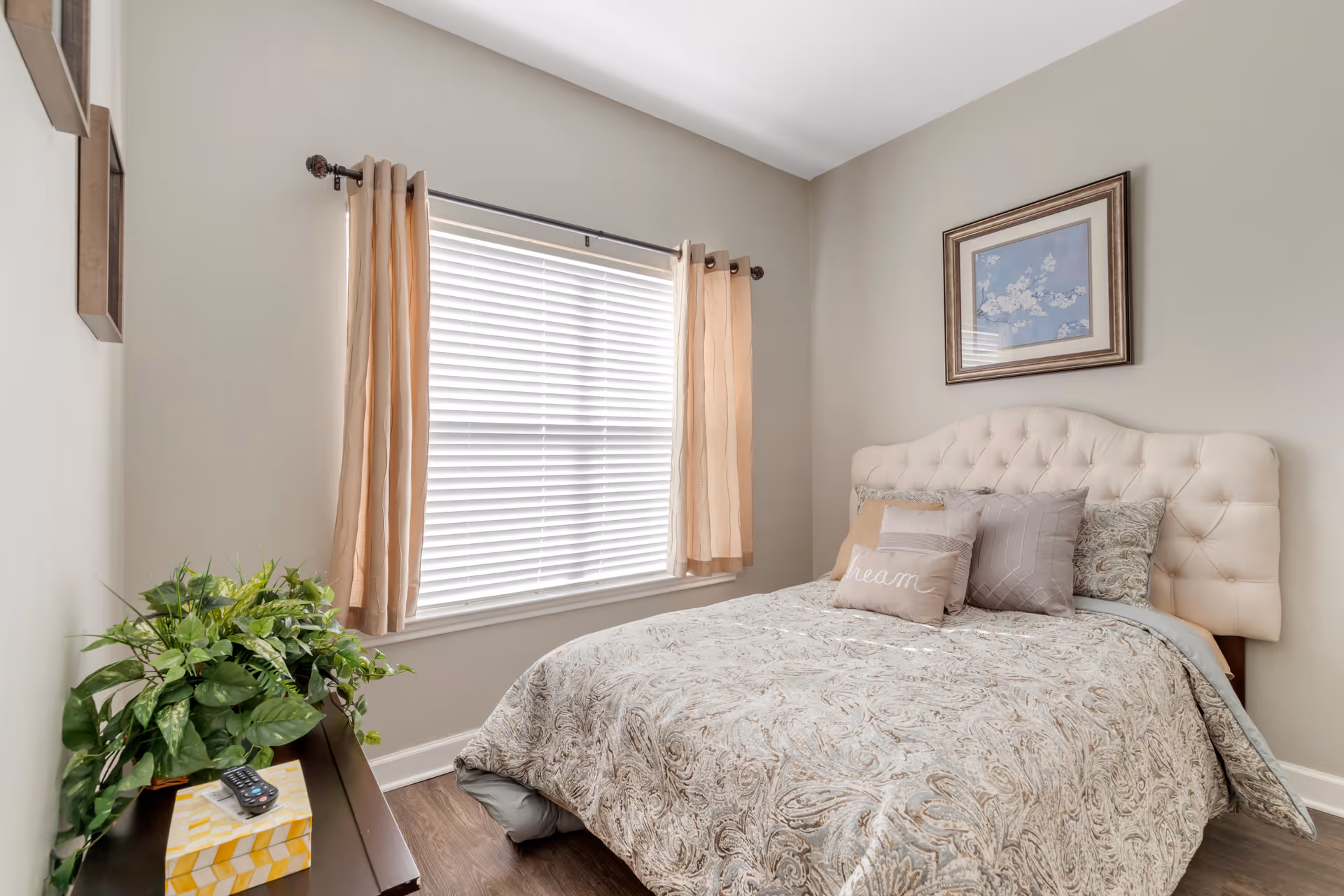 A cozy bedroom with a neatly made bed featuring a tufted cream-colored headboard and multiple decorative pillows, one with the word 'dream'. A window with beige curtains and white blinds lets in natural light. A small dark wooden nightstand holds a green leafy plant, a remote control, and a yellow patterned box. A framed picture of white flowers on a blue background hangs on the wall above the bed.