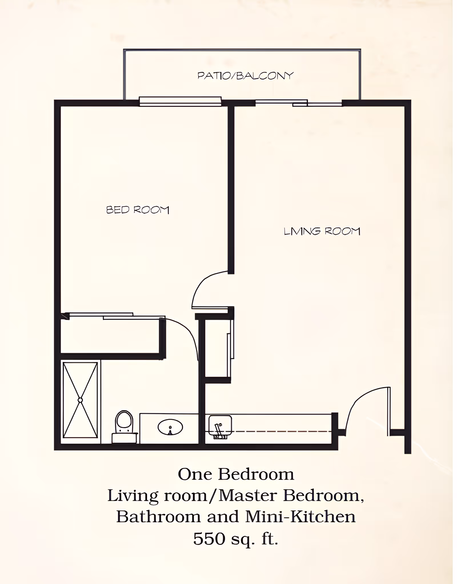 Floor plan of a one-bedroom apartment at Summerfield Estates Retirement Community showing a bedroom, living room, bathroom, mini-kitchen, and a patio/balcony. The layout includes labeled rooms and fixtures such as a shower, toilet, sink, and kitchen sink.