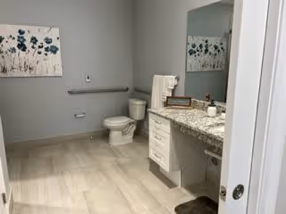 A clean, modern bathroom with light-colored tile flooring, a white toilet, a granite countertop with a sink, a large mirror above the sink, a handrail on the wall next to the toilet, and a decorative floral painting on the wall.