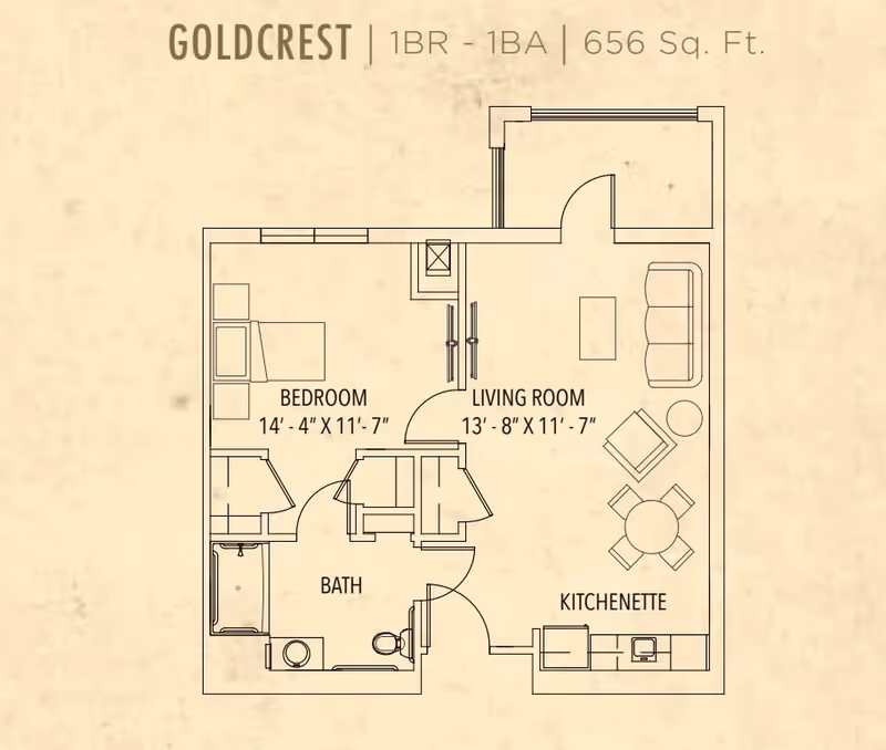 Floor plan of the Goldcrest unit at Sunflower Springs at Trinity, showing a 1 bedroom, 1 bathroom layout with 656 square feet. The plan includes a bedroom, bath, living room, and kitchenette with furniture and fixtures indicated.