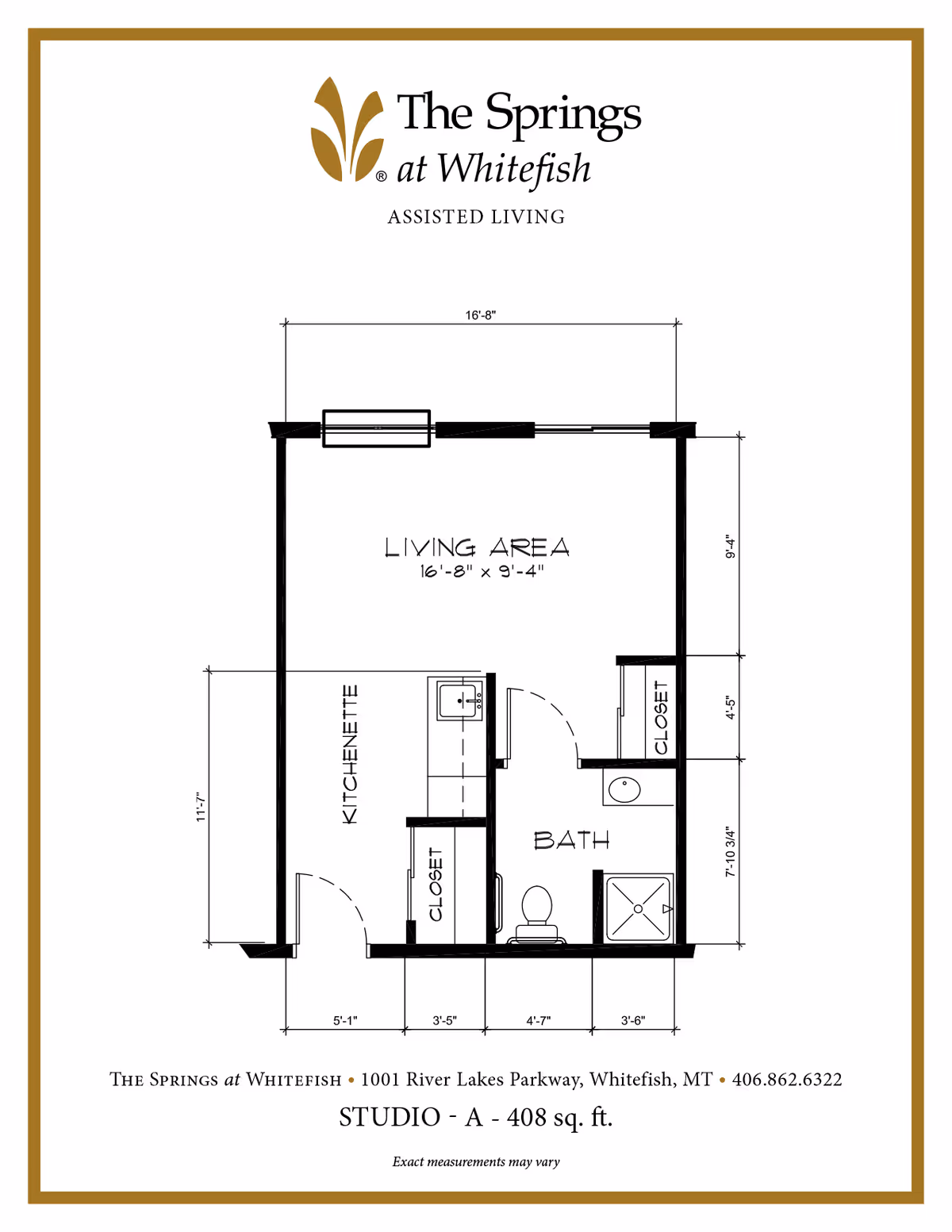 Floor plan blueprint of a studio apartment at The Springs at Whitefish showing a living area, kitchenette, bathroom, closets, and dimensions.