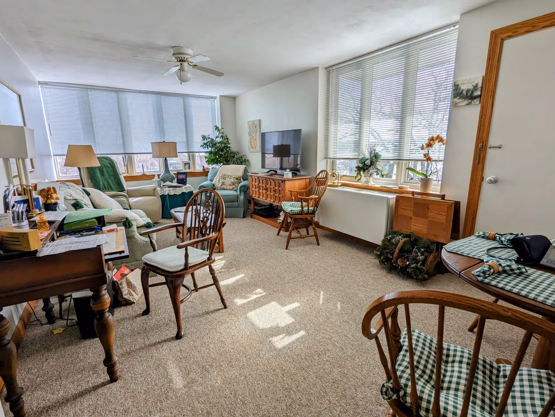 A cozy living room with beige carpet, several wooden chairs with cushions, a sofa, armchairs, a wooden TV stand with a flat-screen TV, and large windows with blinds letting in natural light. There are lamps, plants, and decorative items placed around the room.