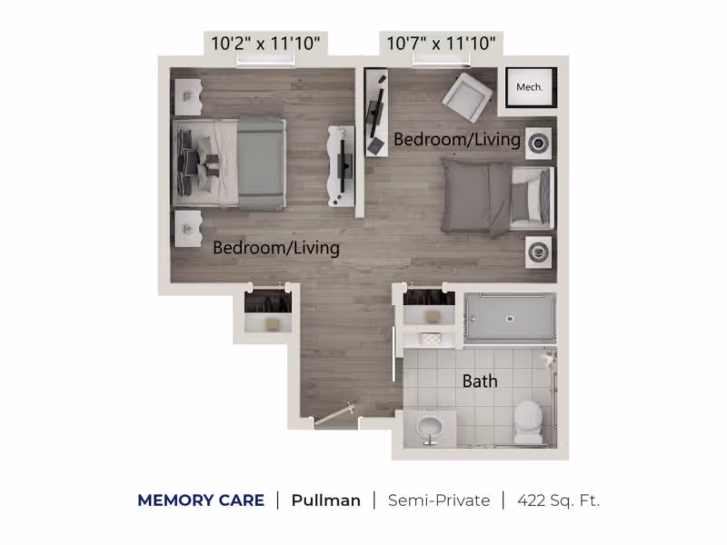 Top-down floor plan of a semi-private 422 sq ft memory care unit with two bedroom/living areas, a bath, closets and an entry.